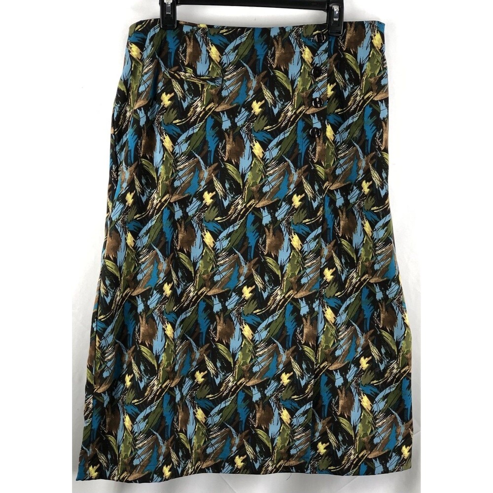 Boho Midi Wrap Skirt 14 Blue/Brown Colorful Abstract Art 34"Waist 2000s Grunge